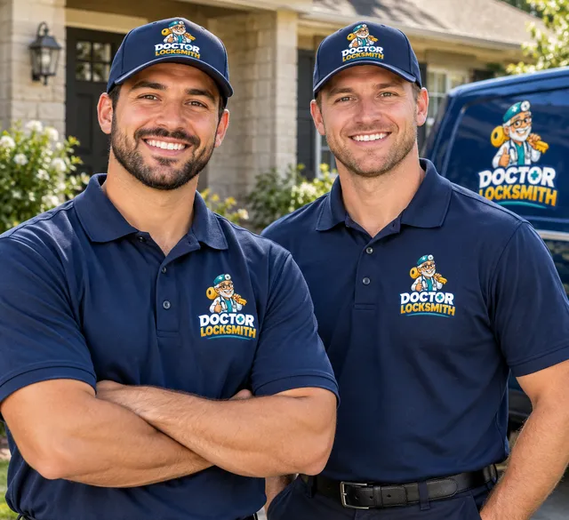 Two Doctor Locksmith technicians in uniform standing in front of a marked Doctor Locksmith van