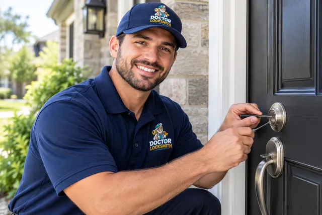 Doctor Locksmith technician opening a front door deadbolt
